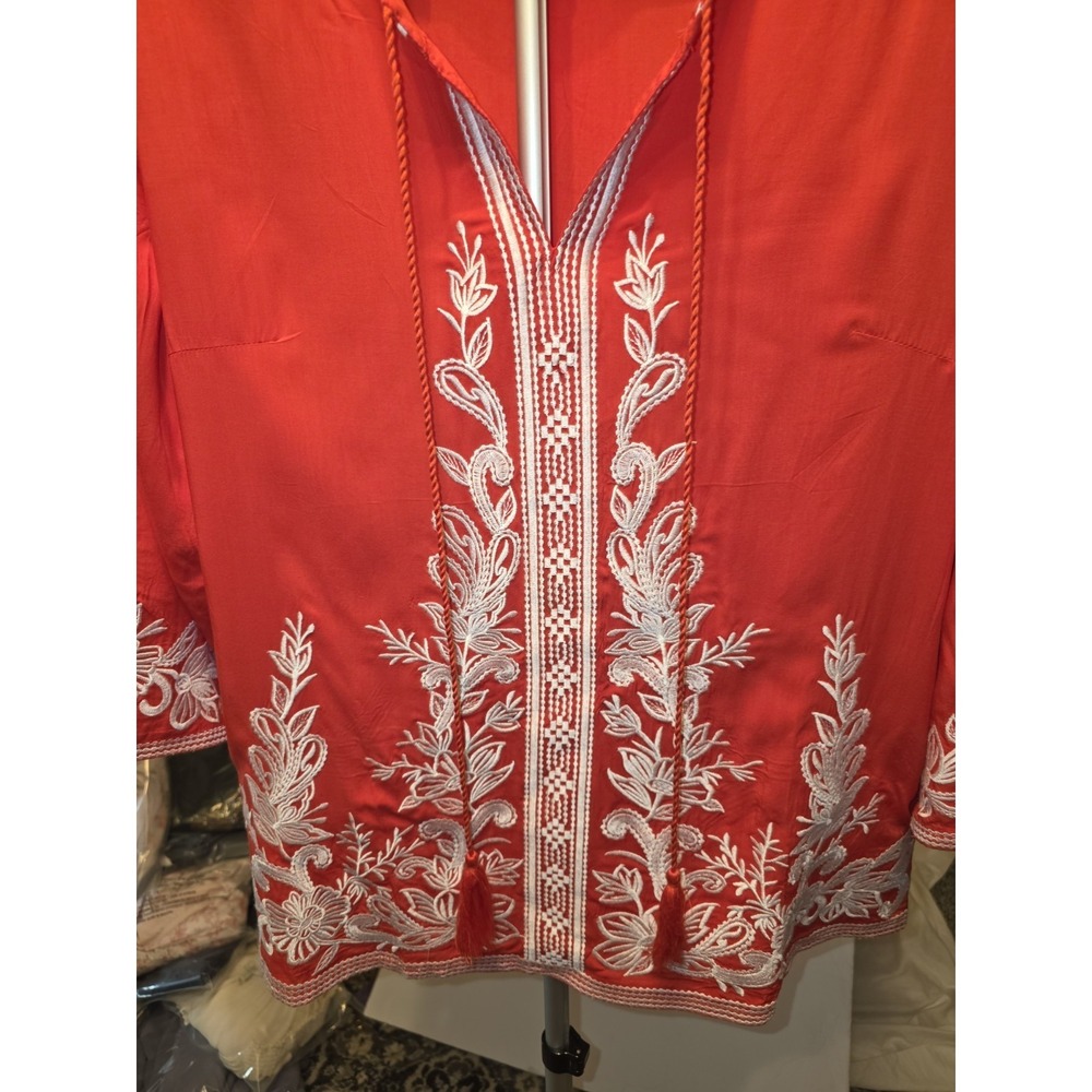 Solitaire By Anthropology. Embroidery,  Red Blouse, Romantic, Boho, 70s Inspired